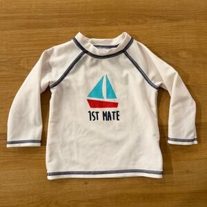 Cat Jack 3-6 mo Rash Guard Swim Shirt White Blue Boat 1st Mate